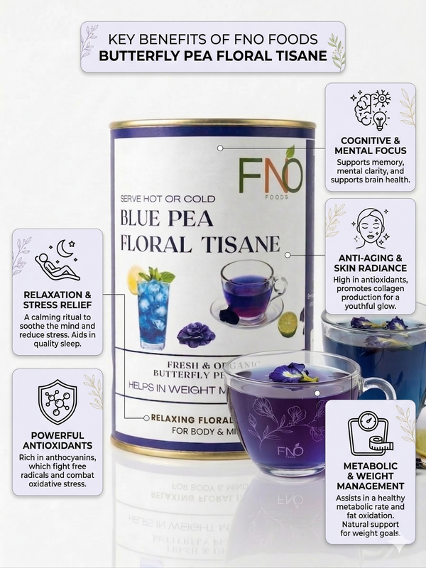 FNO Foods Blue Butterfly Pea Flower | Floral Tisane | Herbal Tea - 60 Grams (120+ Cups) | Plant-Based Caffeine-Free Detox Tisane | Antioxidant-Rich Aparajita in Eco Paper Container