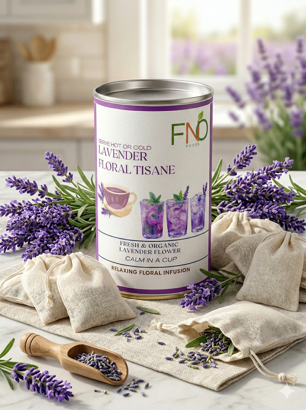 FNO Foods Lavender Floral Tisane – 20 Reusable Organic Cotton Tea Bags (40+ Cups) – Calming Herbal Tea for Relaxation & Stress Relief – Caffeine-Free, Non-Bitter Flower Infusion