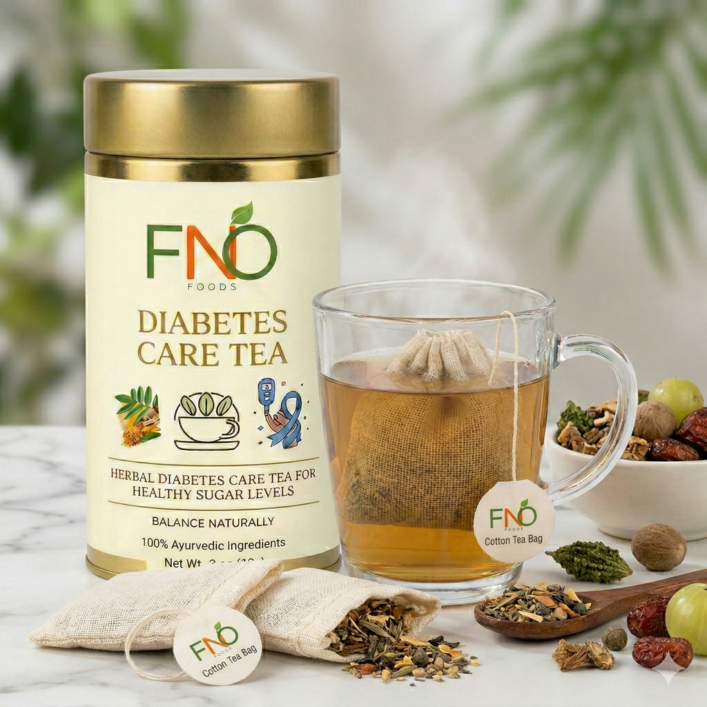FNO Diabetes Care Tea packaging with a glass of tea and tea bags on a marble surface.
