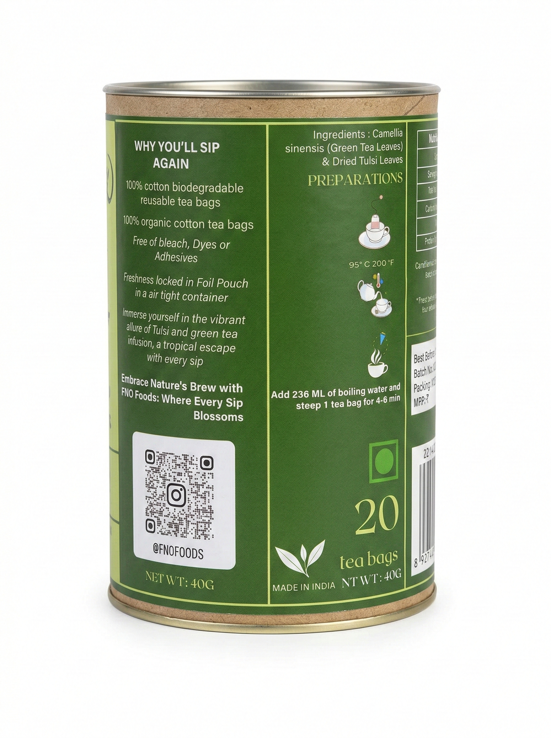 FNO Foods Tulsi Green Tea – 20 Reusable Organic Cotton Tea Bags (40+ Cups) – Rich in Antioxidants for Immunity & Stress Relief – Helps Boost Metabolism & Digestion – Caffeine-Free Whole Herb Infusion