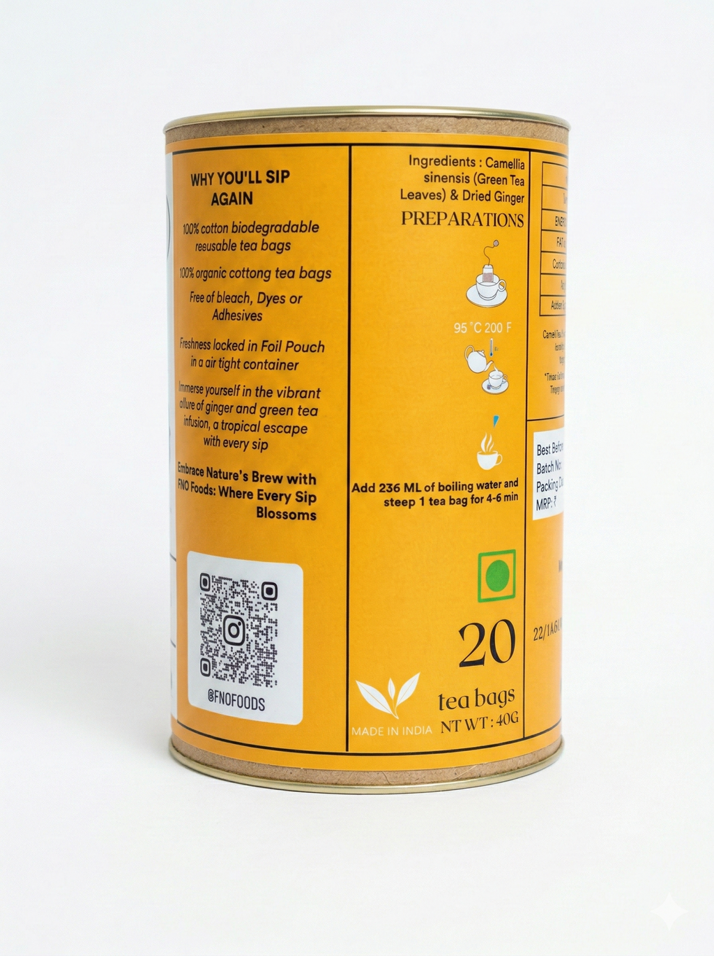 FNO Foods Ginger Green Tea – 20 Reusable Organic Cotton Tea Bags (40+ Cups) – Caffeine-Free Herbal Tea for Digestion, Stress Relief & Immunity – Rich in Antioxidants – Whole Herb Infusion