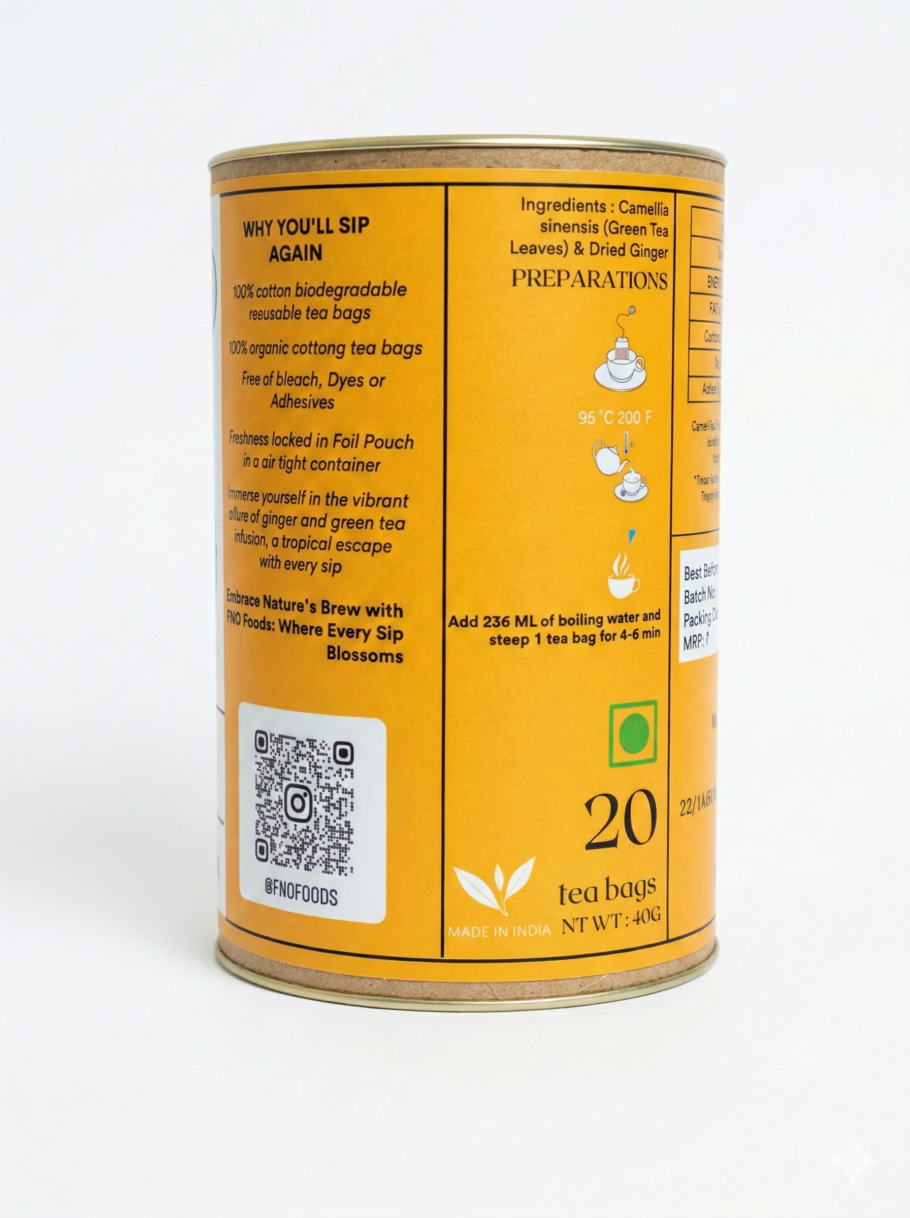 FNO Foods Ginger Green Tea – 20 Reusable Organic Cotton Tea Bags (40+ Cups) – Caffeine-Free Herbal Tea for Digestion, Stress Relief & Immunity – Rich in Antioxidants – Whole Herb Infusion