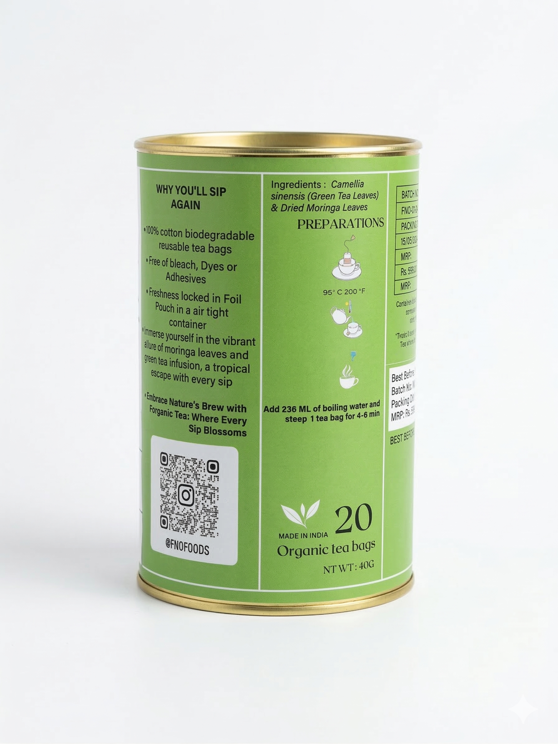 FNO Foods Moringa Green Tea | Herbal Tea | 20 Cotton Tea Bags | Natural Superfood Brew for Immunity & Daily Energy | 60+ Cups | Reusable Tea Bags | 1 Tea Bag = 3 Cups