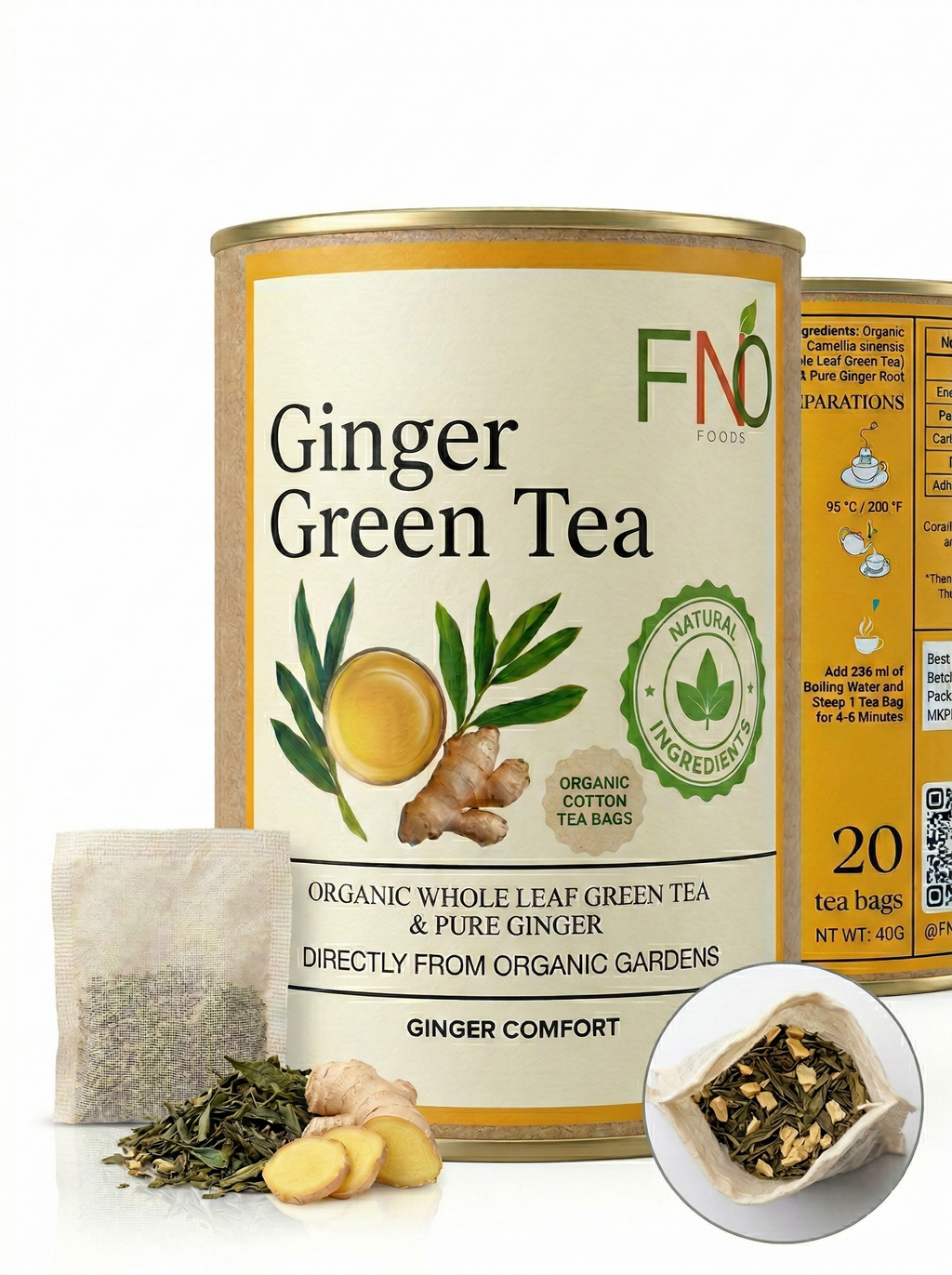 FNO Foods Ginger Green Tea – 20 Reusable Organic Cotton Tea Bags (40+ Cups) – Caffeine-Free Herbal Tea for Digestion, Stress Relief & Immunity – Rich in Antioxidants – Whole Herb Infusion