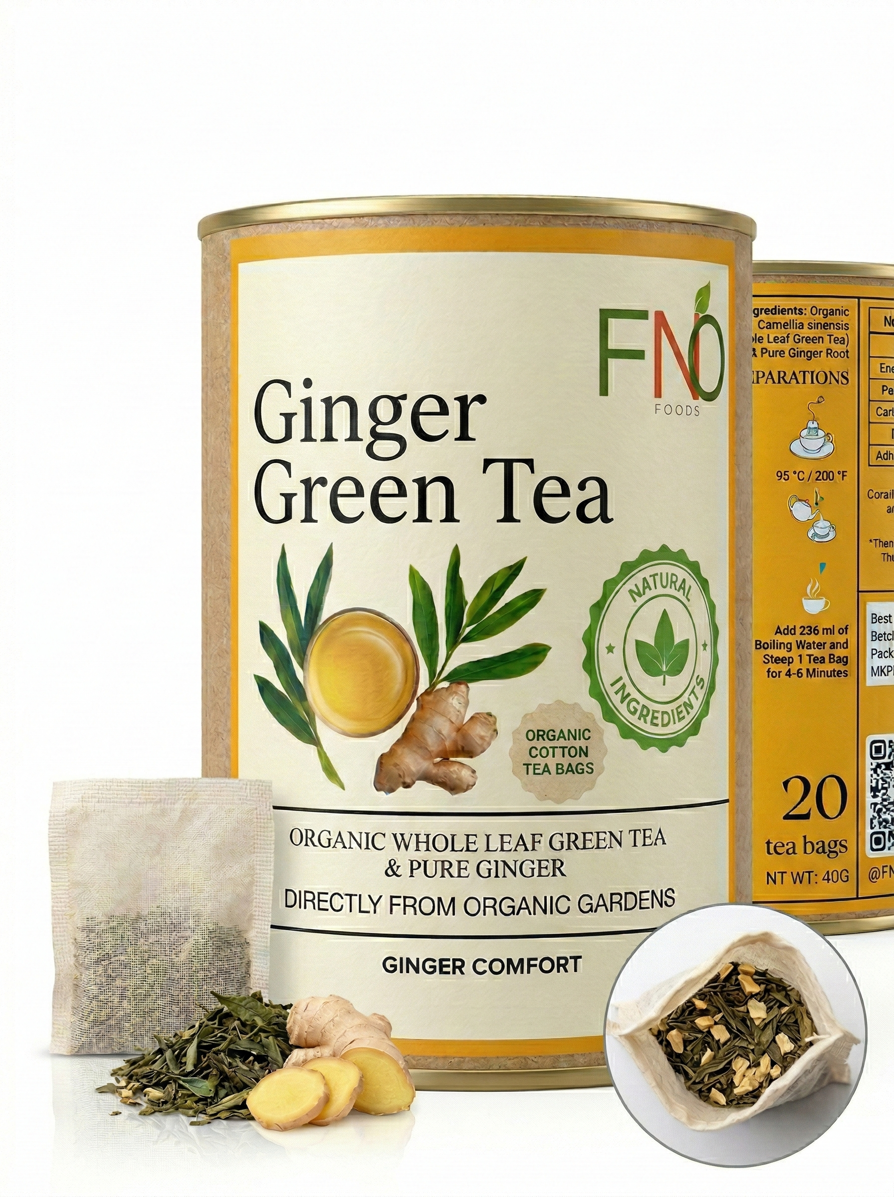 FNO Foods Ginger Green Tea – 20 Reusable Organic Cotton Tea Bags (40+ Cups) – Caffeine-Free Herbal Tea for Digestion, Stress Relief & Immunity – Rich in Antioxidants – Whole Herb Infusion