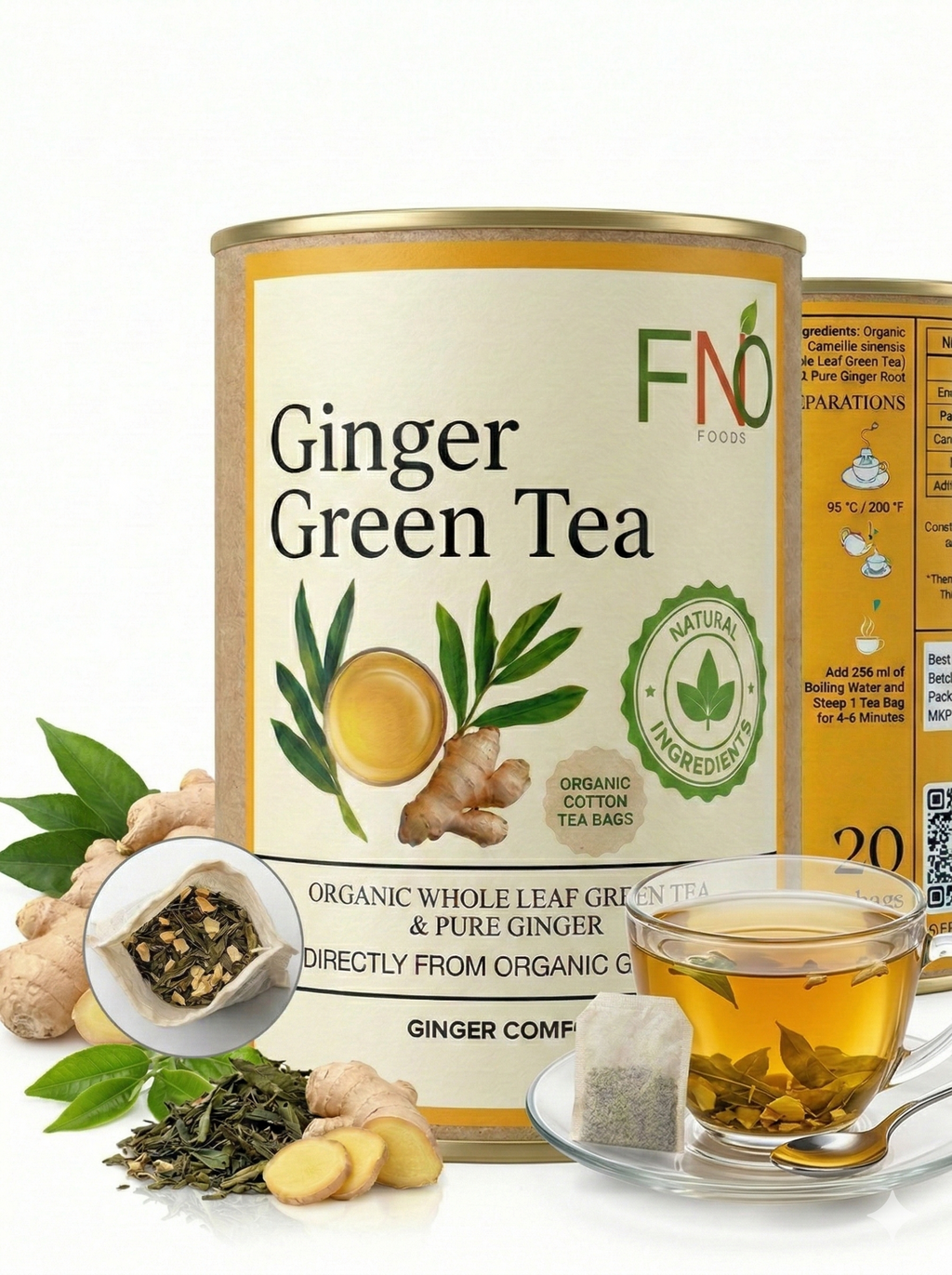 FNO Foods Ginger Green Tea – 20 Reusable Organic Cotton Tea Bags (40+ Cups) – Caffeine-Free Herbal Tea for Digestion, Stress Relief & Immunity – Rich in Antioxidants – Whole Herb Infusion