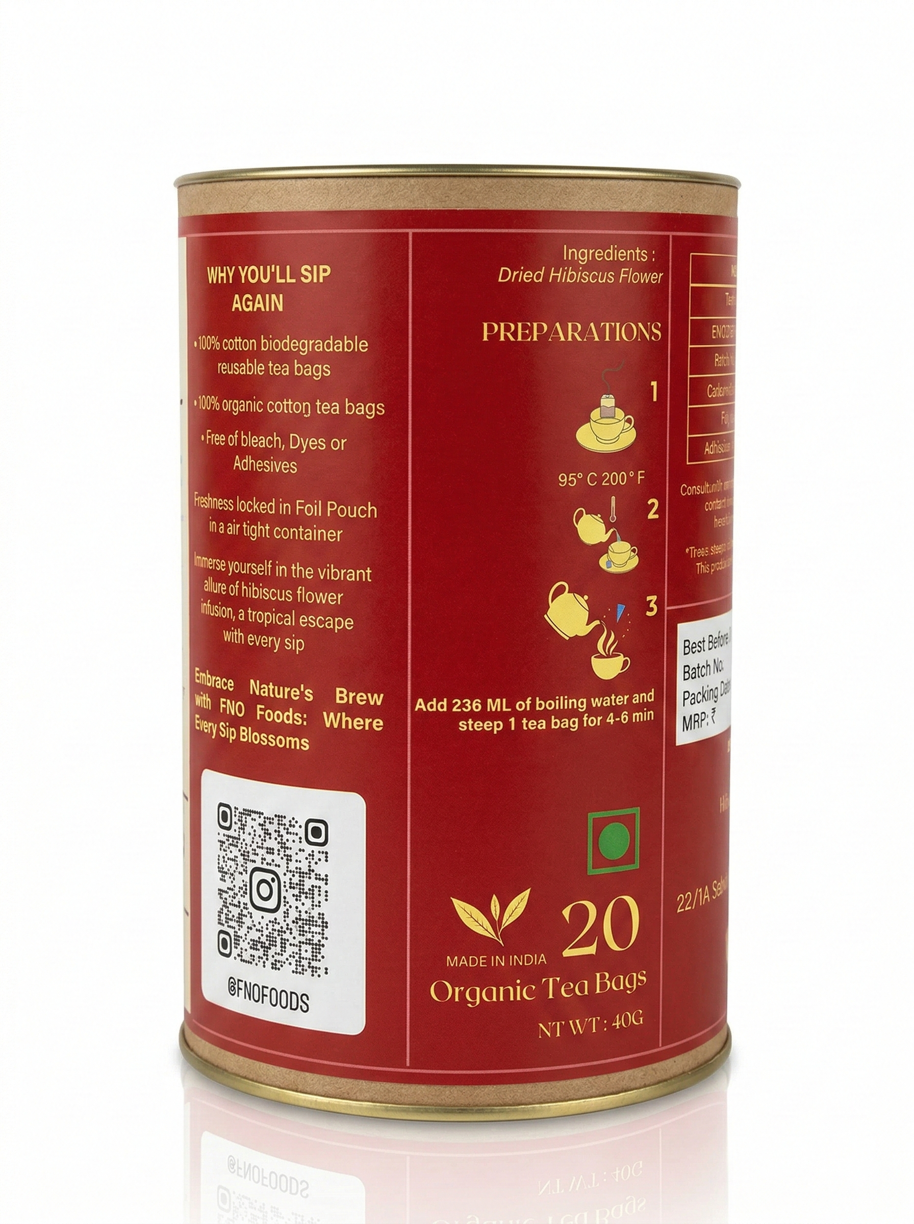 FNO Foods Hibiscus Floral Tisane – 20 Reusable Organic Cotton Tea Bags (40+ Cups) – Caffeine-Free Herbal Tea for Skin Glow & Radiance – Tangy Flower-Based Infusion, Non-GMO