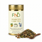 Diabetes care tea canister with tea leaves on a white background