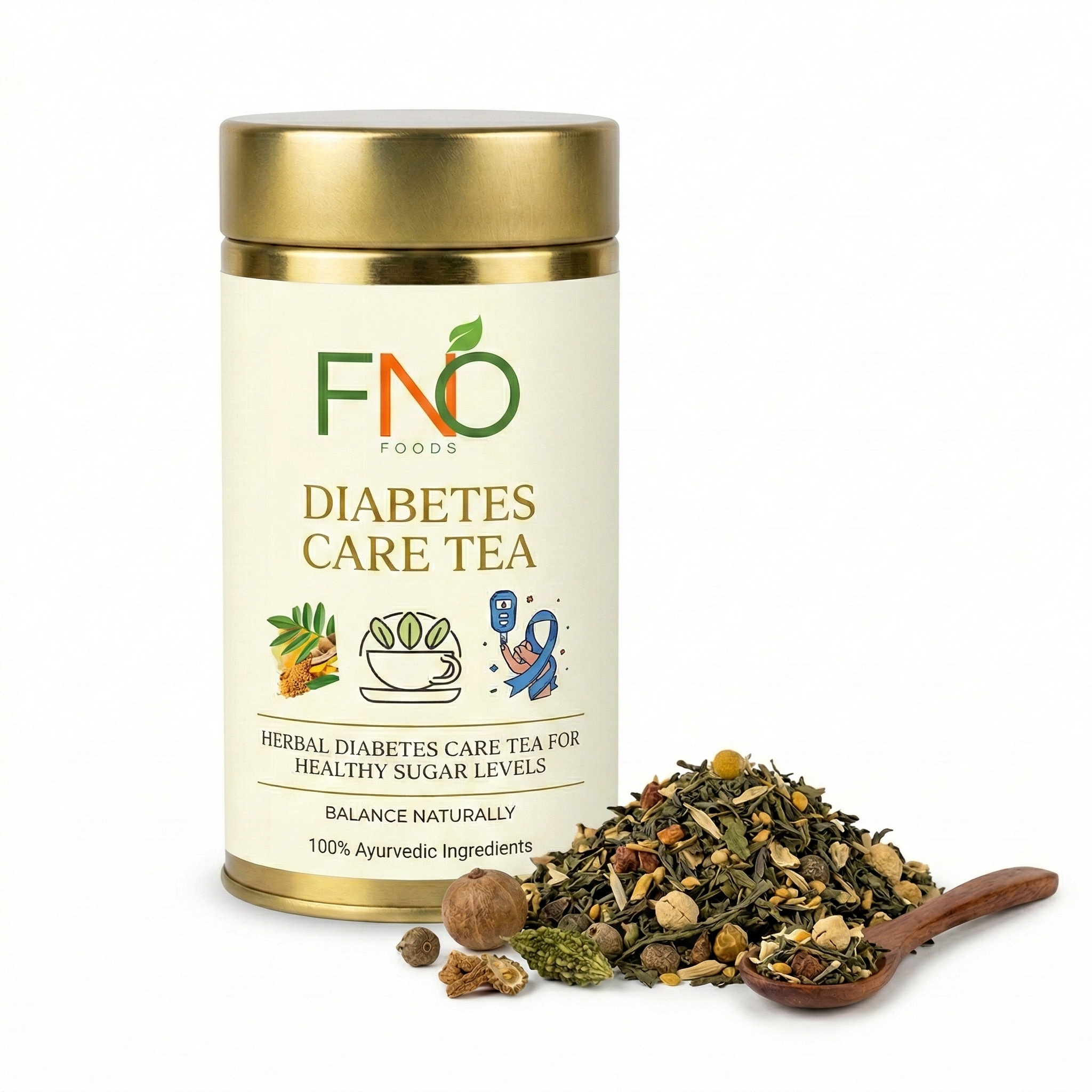 Diabetes care tea canister with tea leaves on a white background