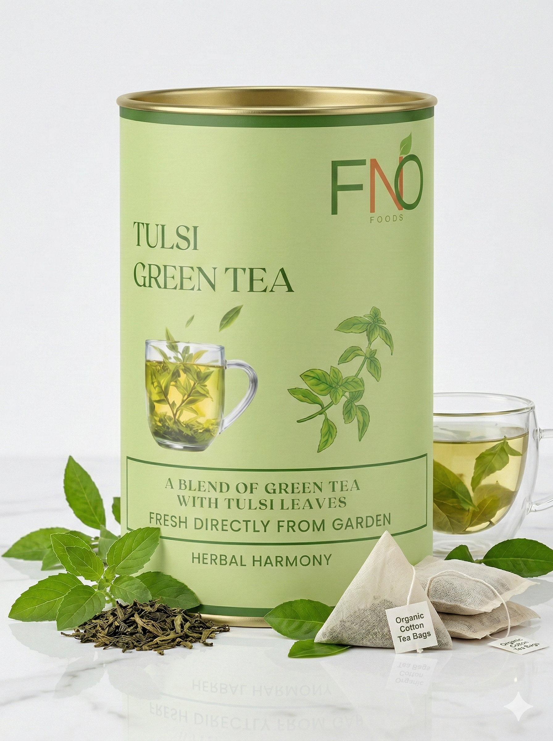 FNO Foods Tulsi Green Tea – 20 Reusable Organic Cotton Tea Bags (40+ Cups) – Rich in Antioxidants for Immunity & Stress Relief – Helps Boost Metabolism & Digestion – Caffeine-Free Whole Herb Infusion